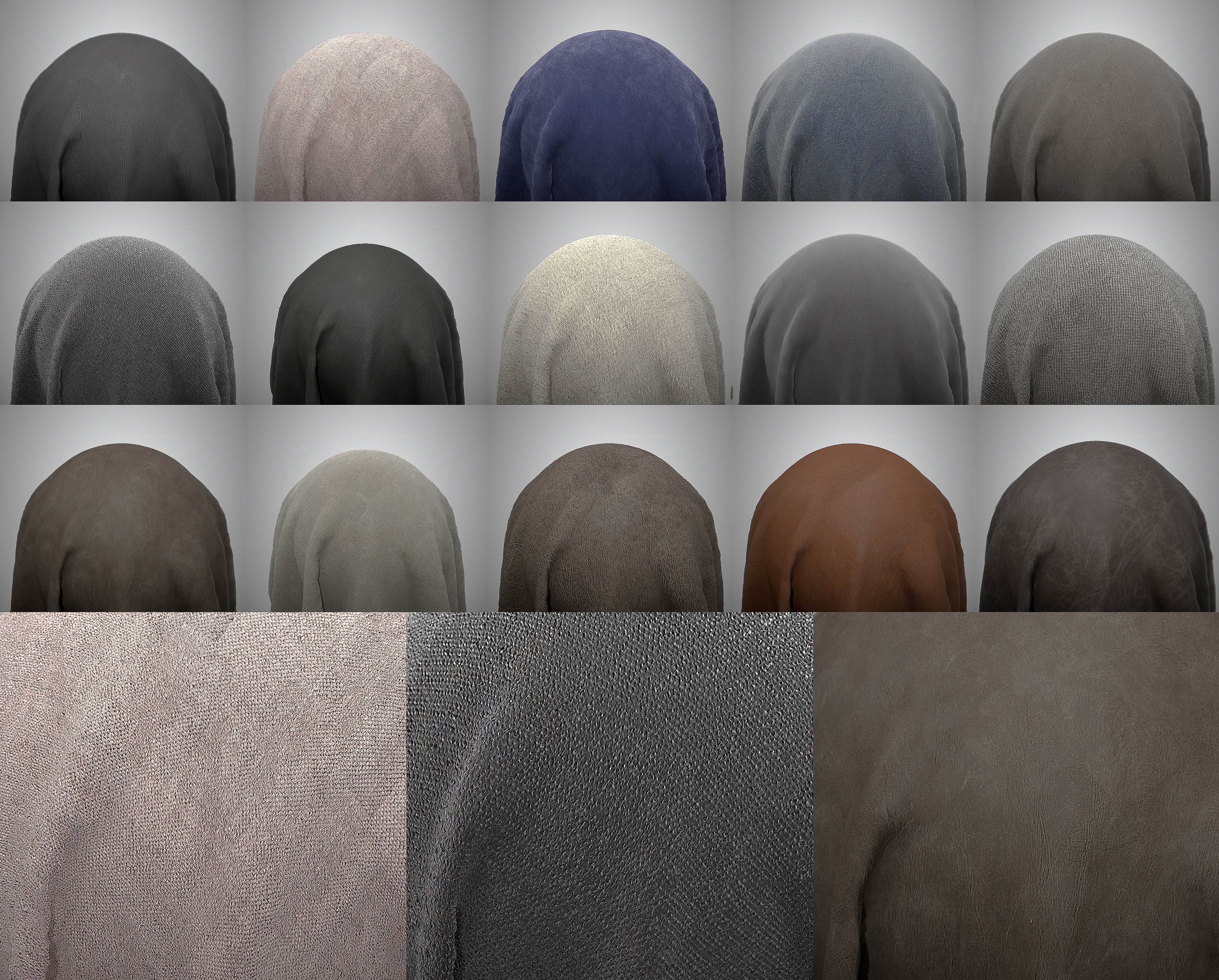 Various Fabric Substance Materials produced through the "Scan Process" Photo Stereo Scanning pipeline.