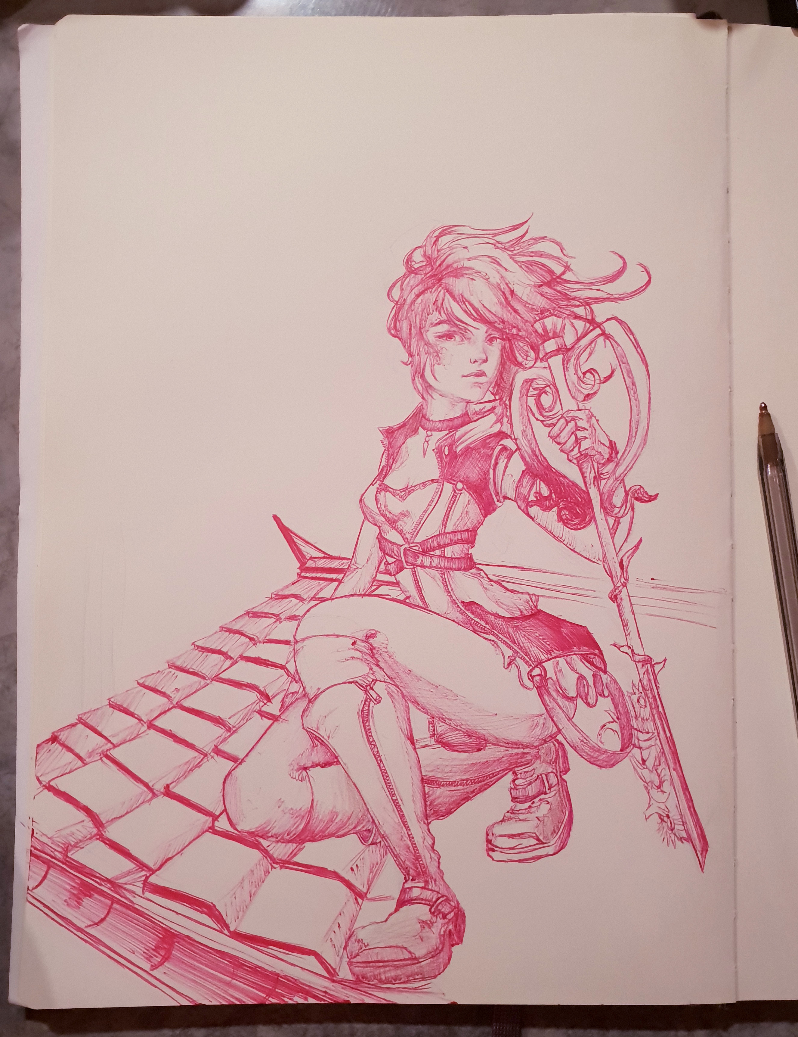 original sketch in pink biro