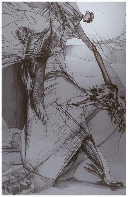 Concept pencil sketch of angel reaping, w/ simple psd grey tones.