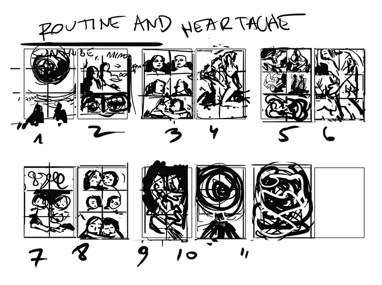 Very messy initial thumbnails for the comic pages