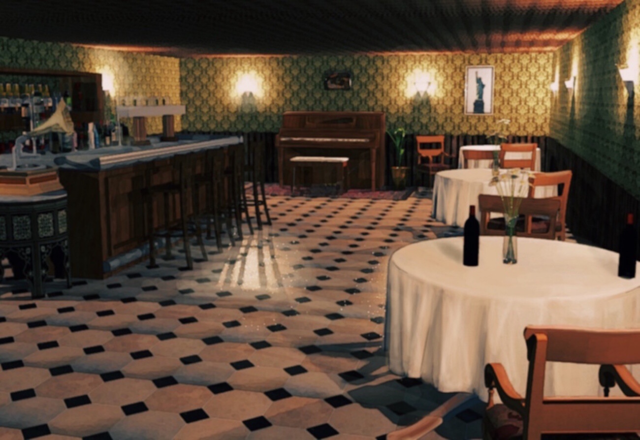 Our finished speakeasy background for our indie visual novel.

Like our other backgrounds, this was rendered in SweetHome3d and then painted over and edited in Ibis Paint so it fits better with our character sprites. 
