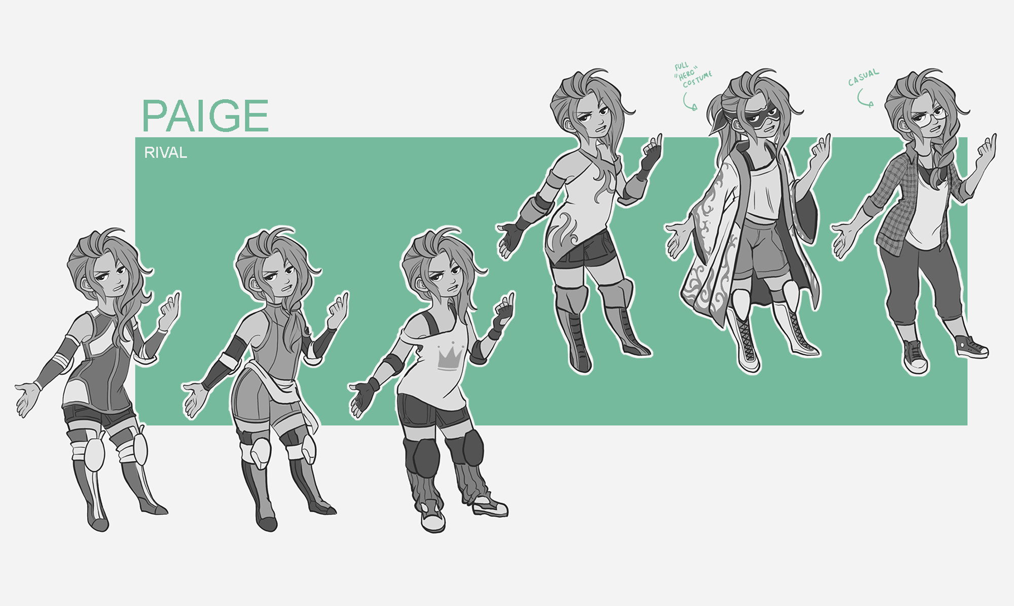 Paige's wardrobe study and hair variations.