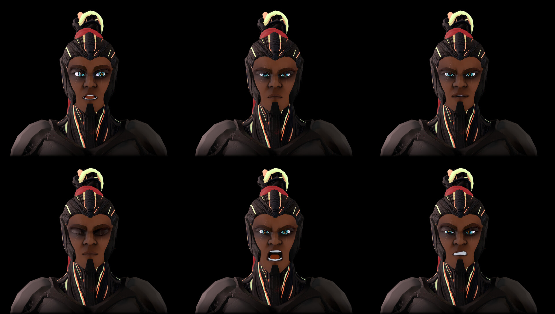 Image: https://cdna.artstation.com/p/assets/images/images/015/912/390/large/lisha-wagner-character-expression-sheet.jpg?1550147677 Expression Sheet using different Blendshapes