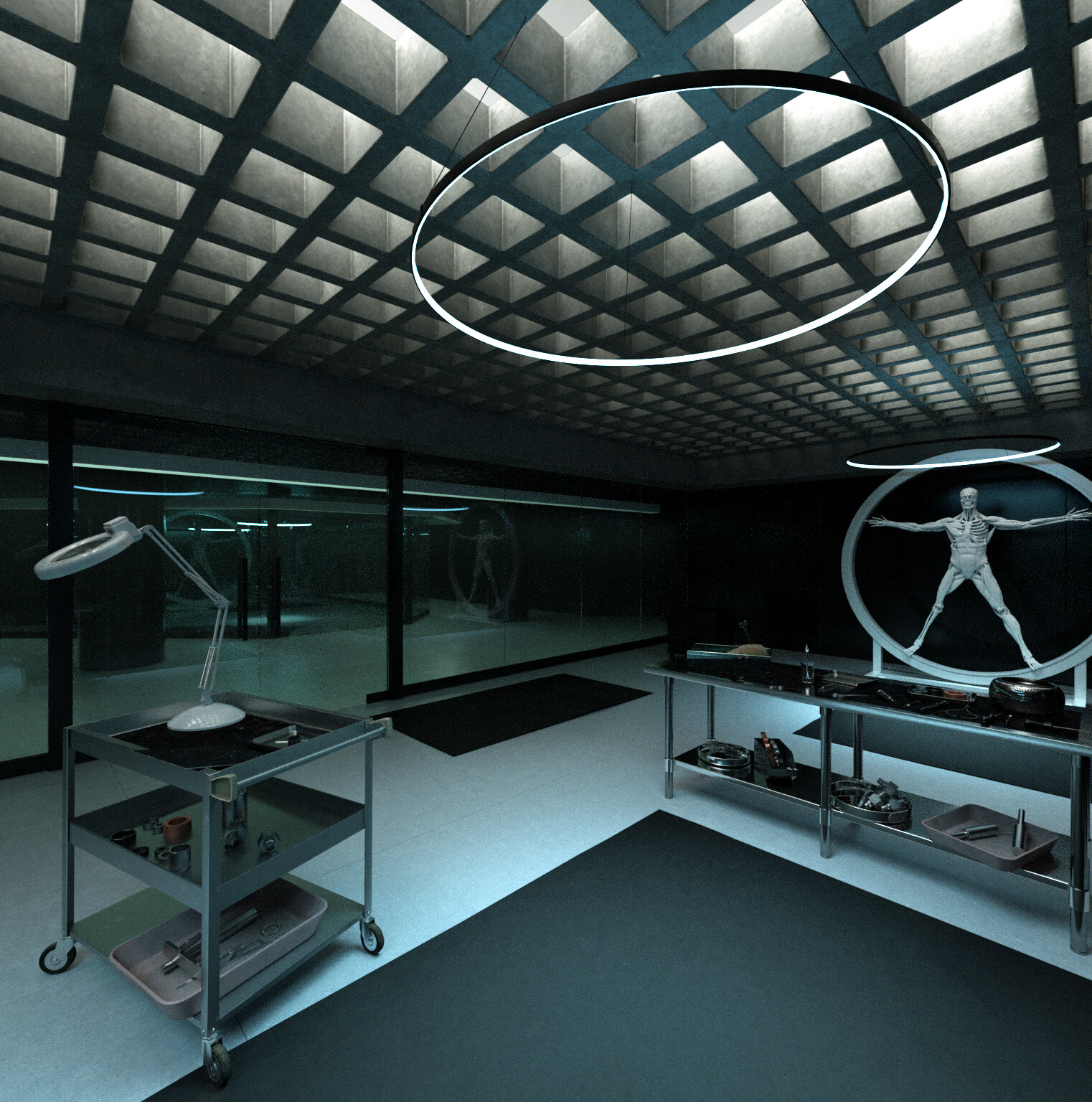 This is the finished scene of the Westworld Lab. In this scene, I fully modeled and textured the ceiling, the work cart on the left with the lamp and all the props on it, also the large work table on the right with all the props on it. 