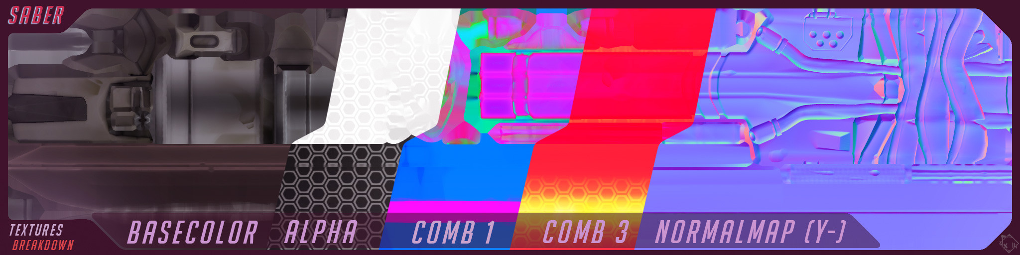 Comb 1 (R=Metal/G=Rough/B=AO) Comb 3 (R=Cavity/G=Emissive/B=SpecularIntensity), Alpha is stored in the BaseColor Map, 2048x512  textures set