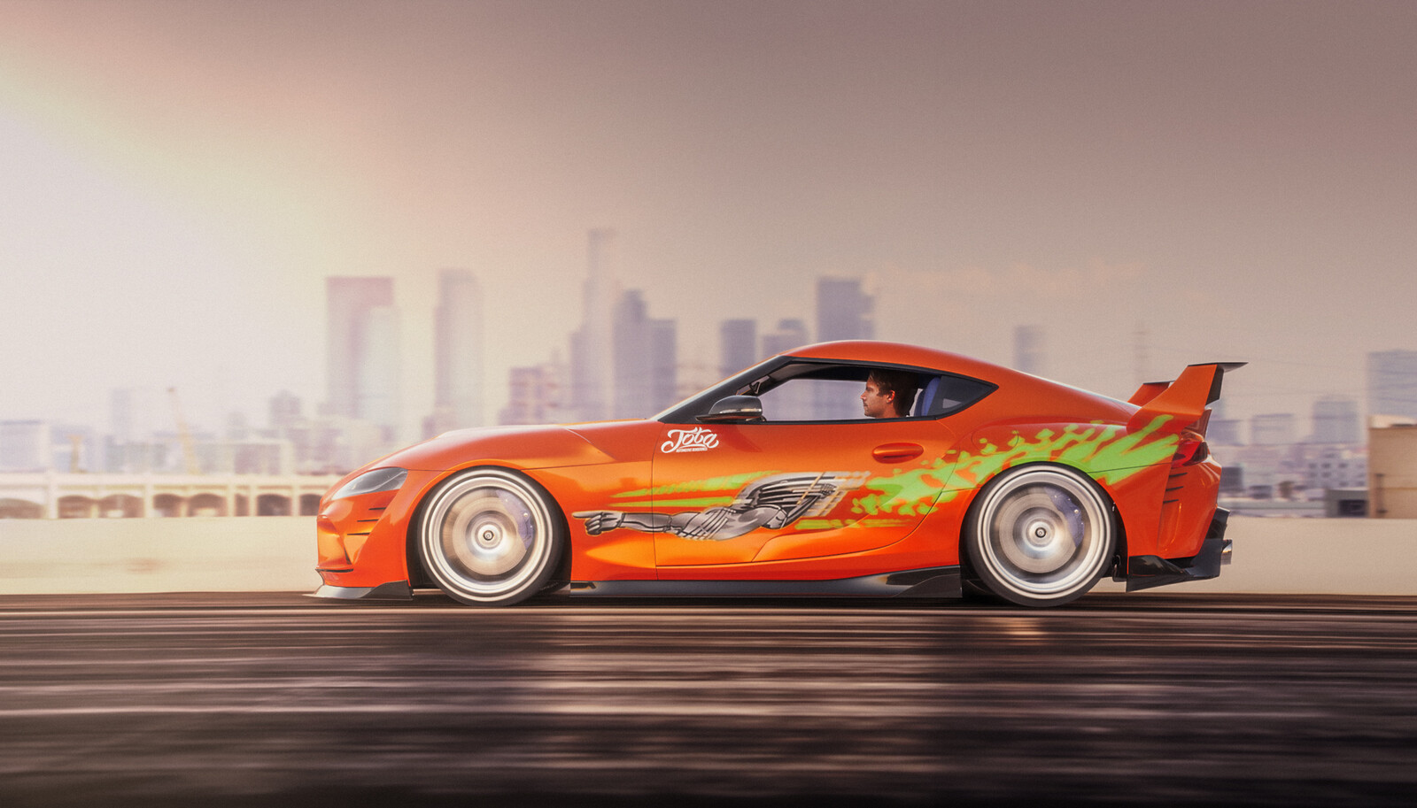 Paul Walker driving a homage to the classic Toyota Supra from the Fast and Furious movies.