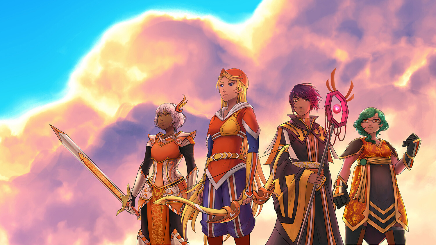 Banner art for the Anime Detour website. "Construction Girl" (blonde) is a mascot, but I created the other mascots the previous year to join her in order to reflect the diversity of attendees that come to the convention. 