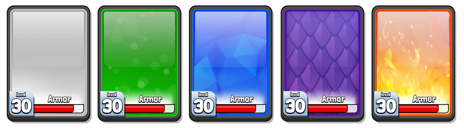 cards depicting the various rarities in the game