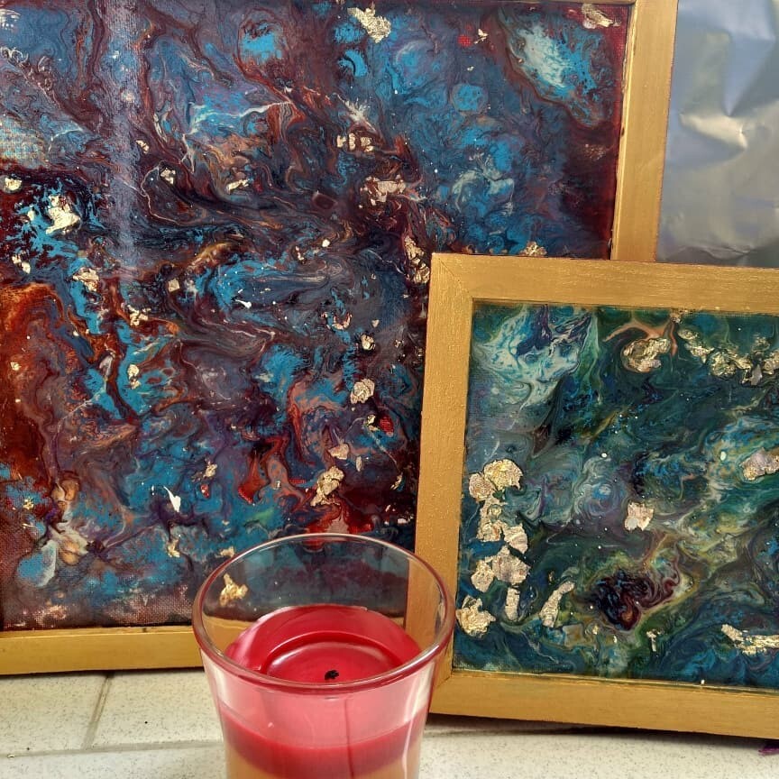 Fire and Tide - Liquid Pour Paintings - with Gold Leaf