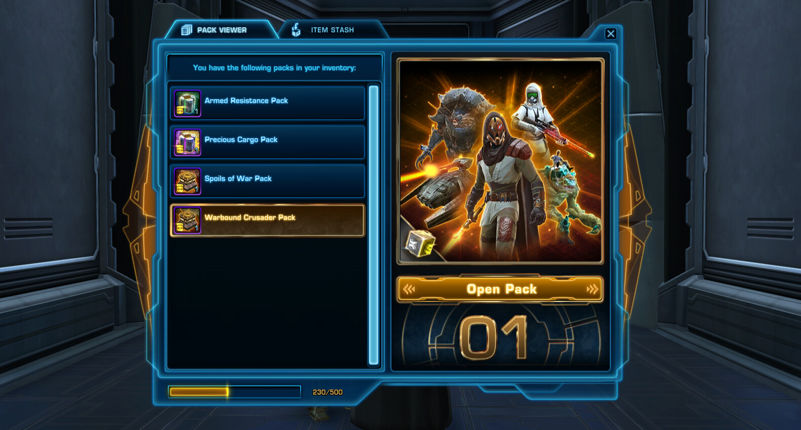 The pack viewer tab, where the player can open their Cartel Packs.