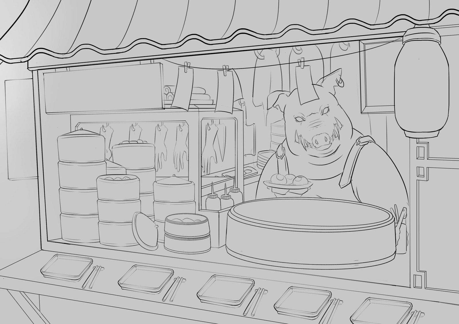 The idea was based on Chinese street food stalls =D This was the lineart