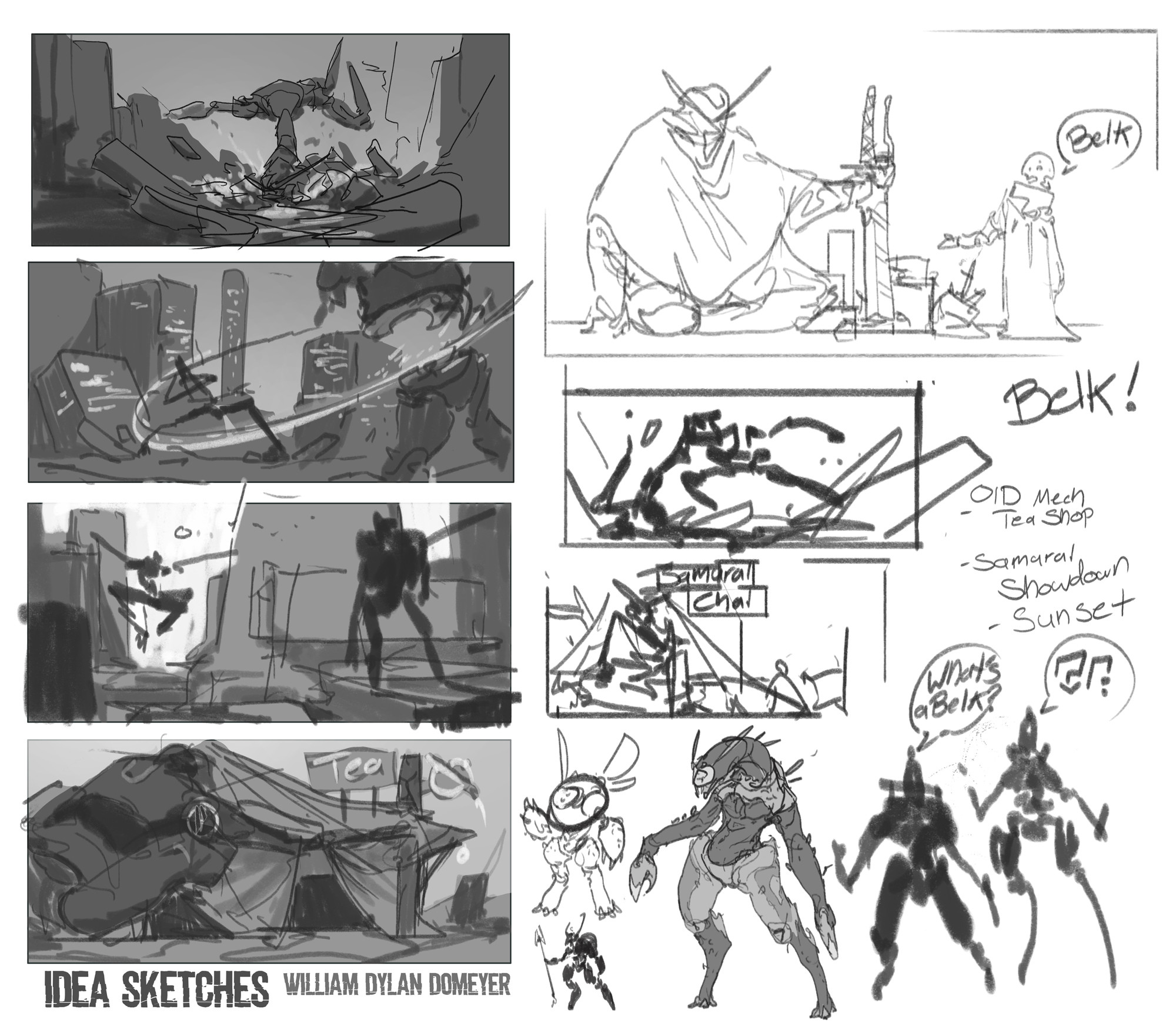 Various idea sketches to further flesh out the world.