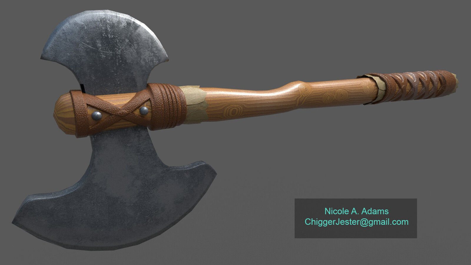 The final IRay Render after adjusting some base colors, roughness, and opacity settings. I also added some subtle wear to the leather portion handle near the bottom, as well as the choke of the wood.