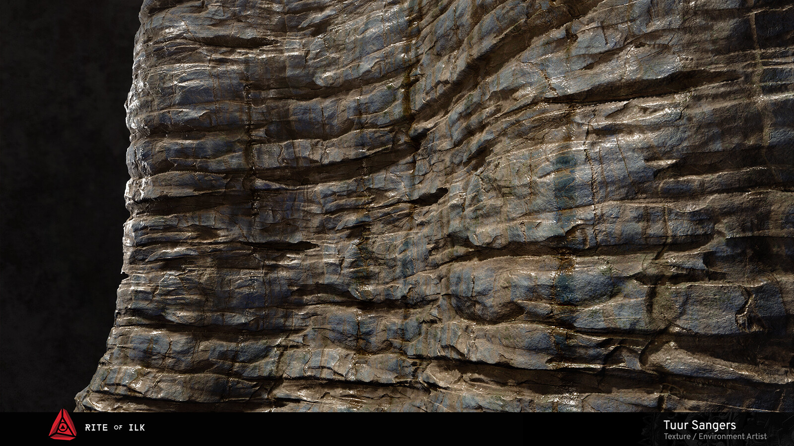 Layered rock on a cliff mesh (leaks are a different overlaying texture that can be tweaked in the material instance)