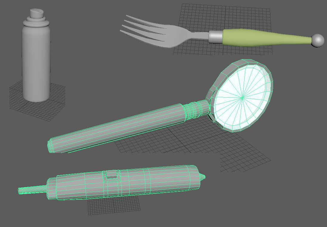 From left to right: Spraycan, Fork, Magnifying Glass, Drill at bottom.