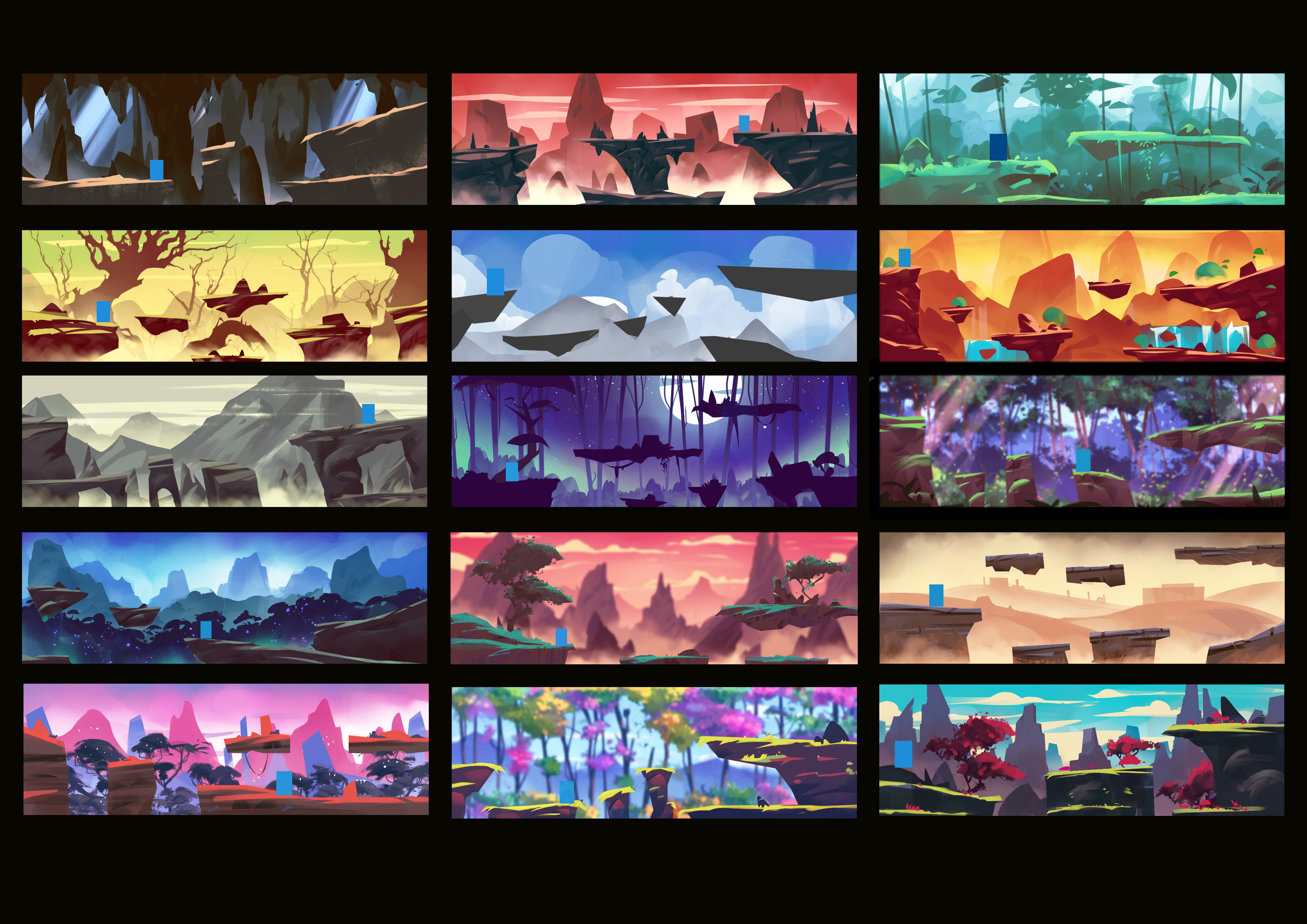 Compilation of environment explorations, meant to explore diverse color range and mood for different worlds/levels.