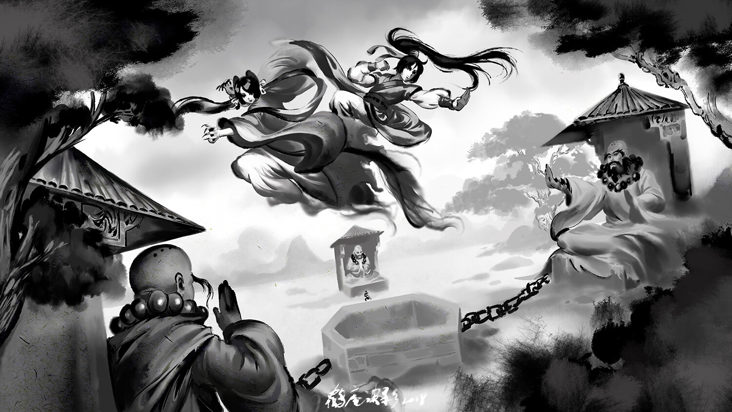 鹤庵波影 冠世一战 水墨插画