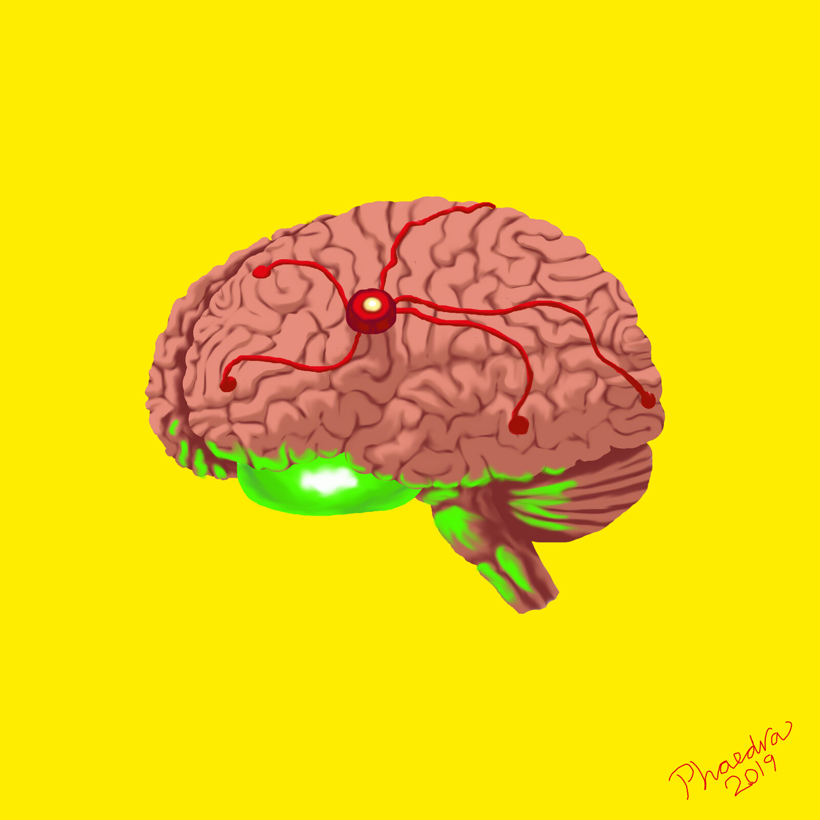 Green glow from single brain 