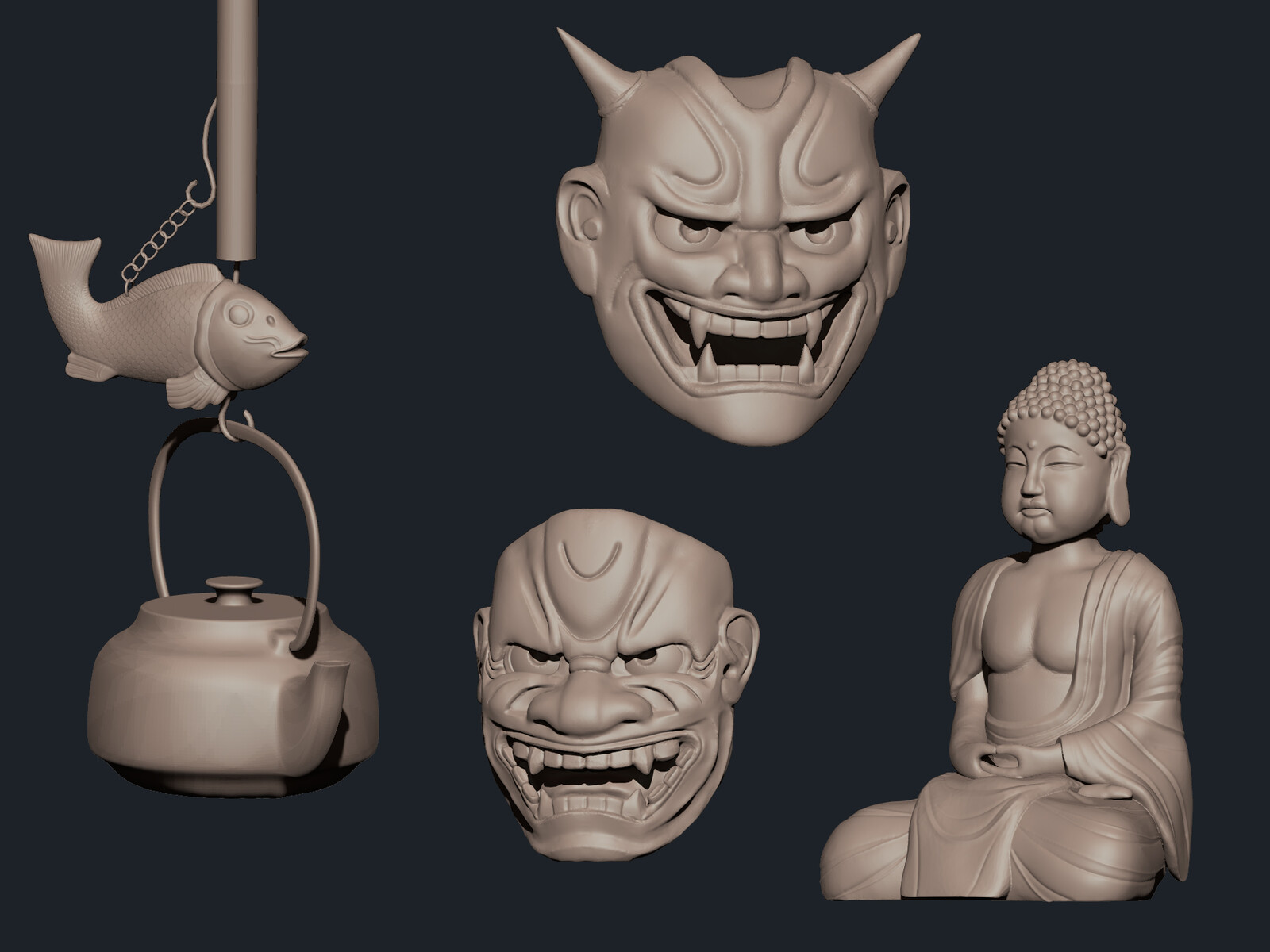 Two oni masks, the Buddha for the temple hall, and an irori (basically a place to hang pots over an open fire).