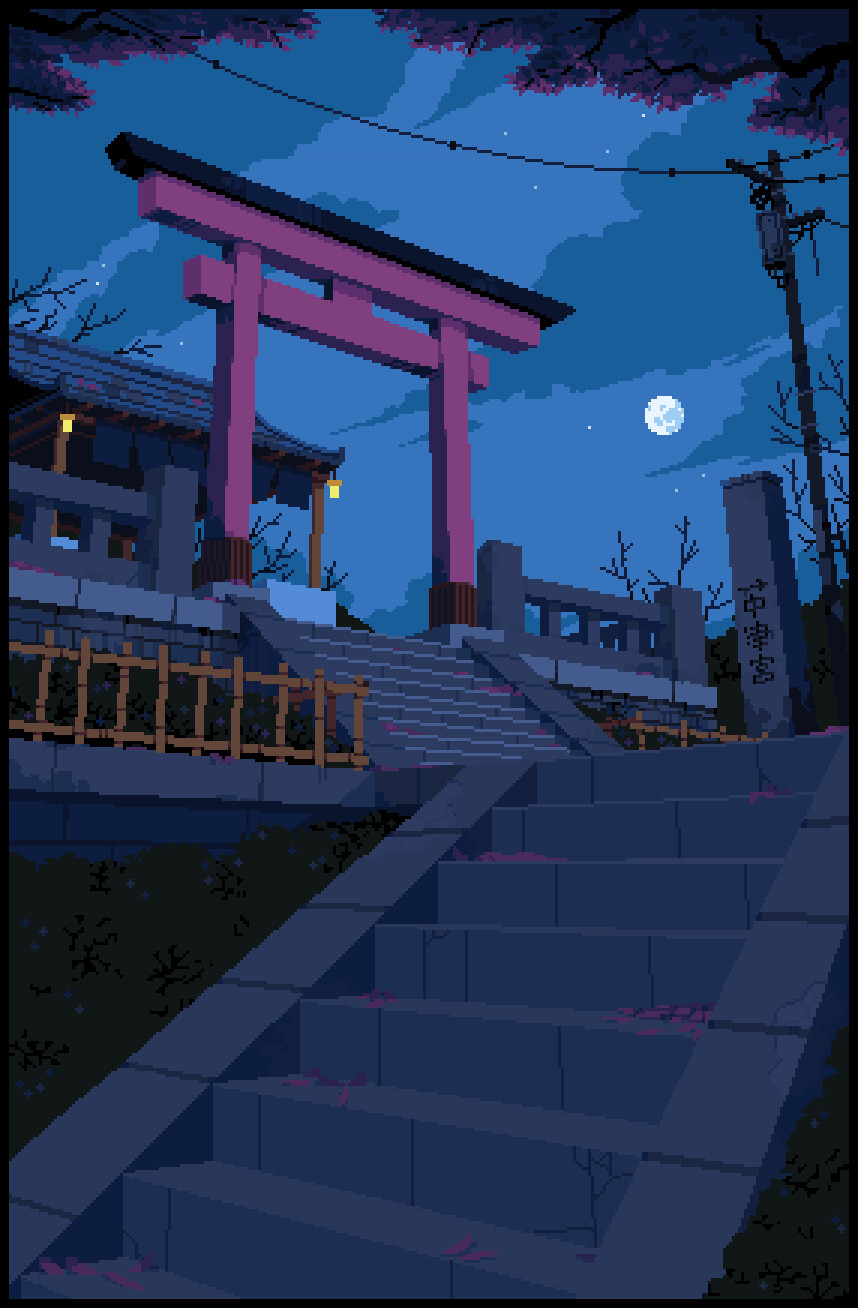 ArtStation - Shrine with Torii Gate at Night