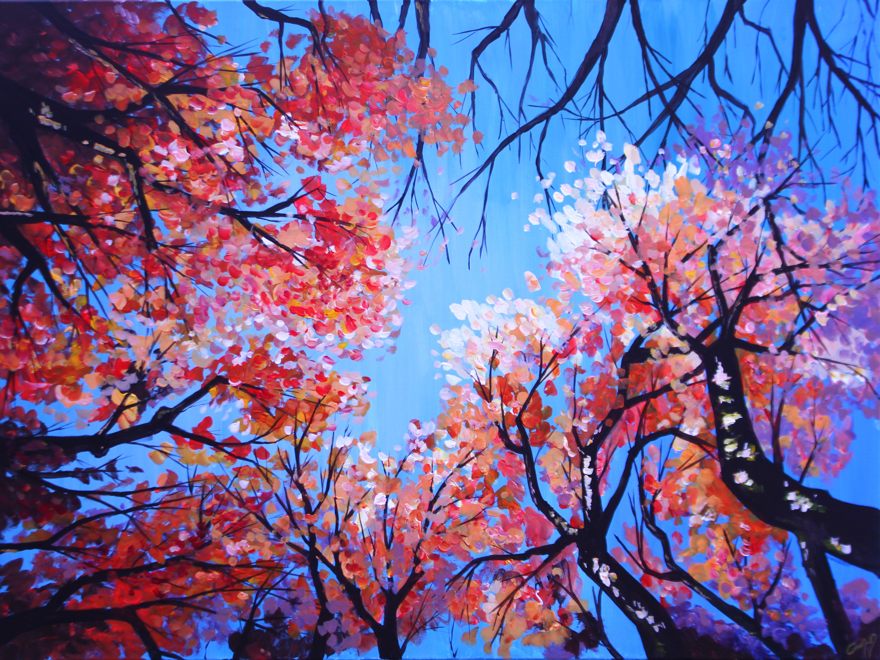 Commissioned acrylic painting of trees in the fall.