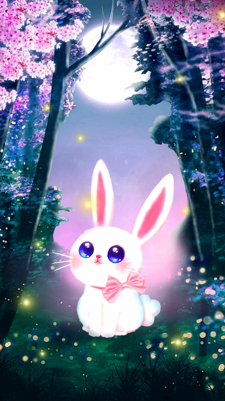 2D Cute Bunny Spring Season Night Wallpaper