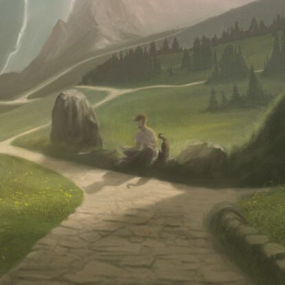 Road represents our life journey, it splits with every life choices and road itself is not straight, but devious. Middle of the art, there is dude sitting on stone with cat companion. Thinking/ meditating, because there is new choice in his life. 