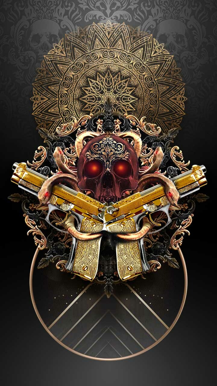 artstation 2d red skull golden gun