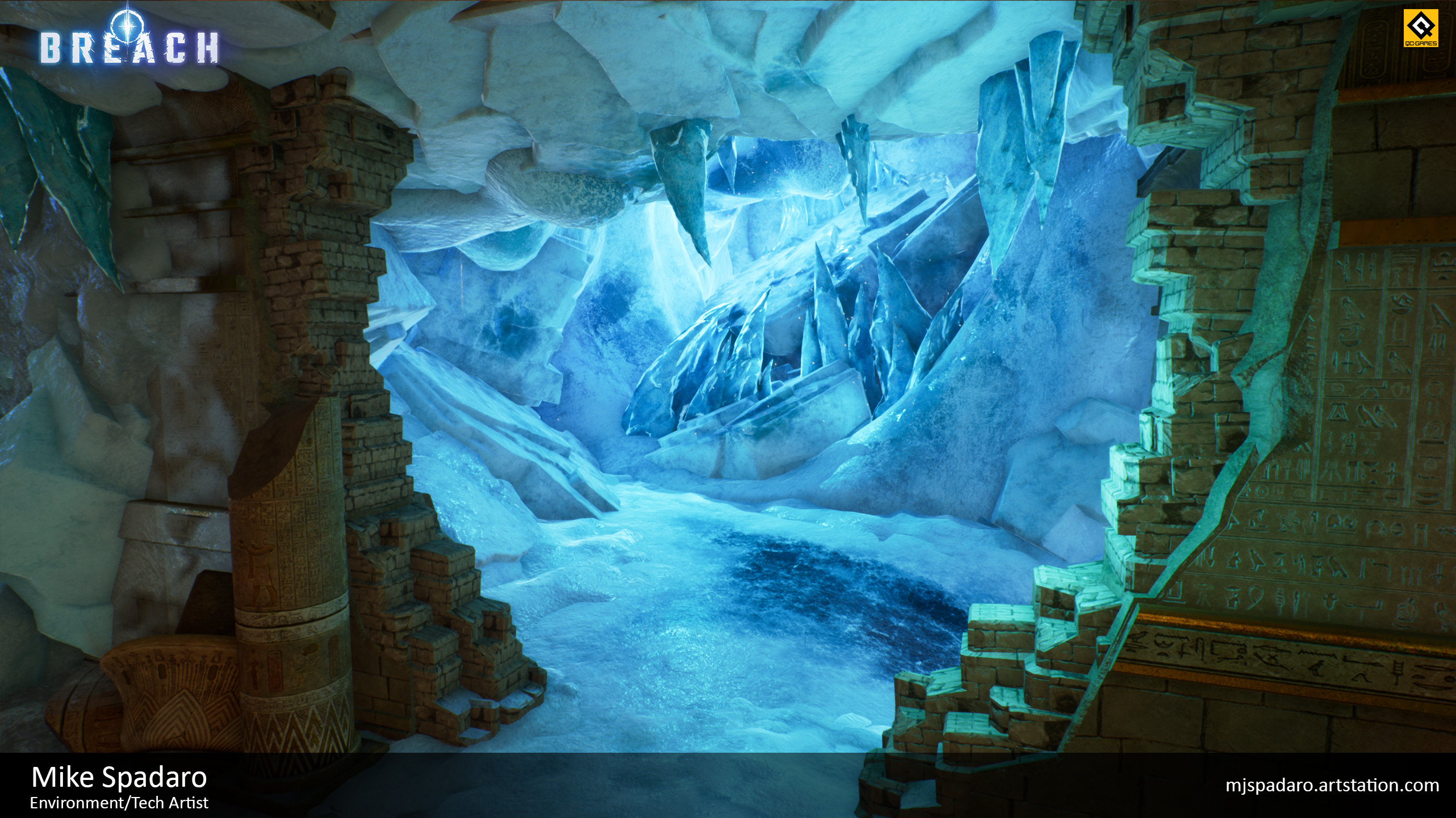 I was responsible for some propping, collision, the ice-terrain mesh, ice materials,  and vertex painting in this area.
