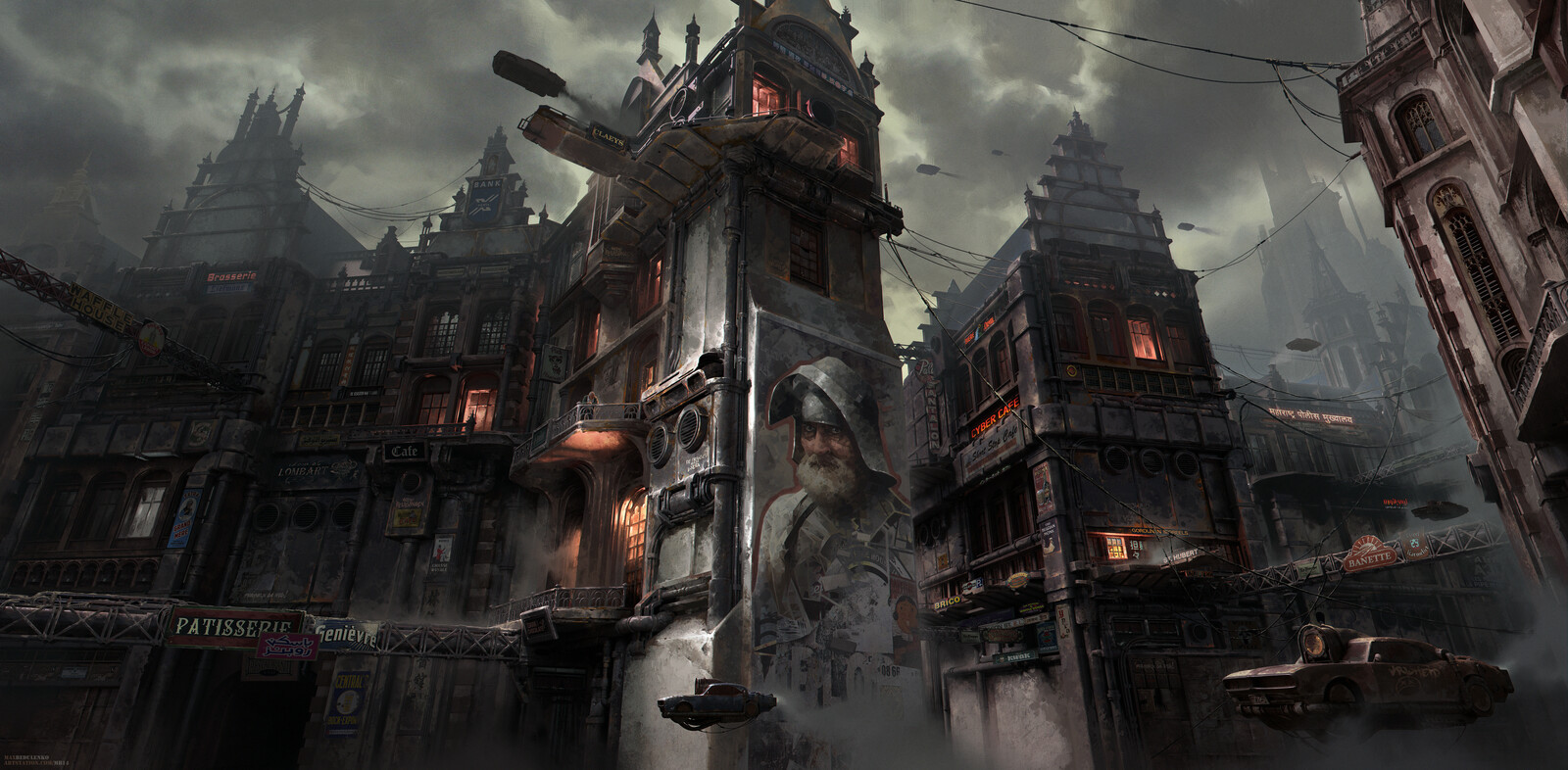 a grungy, smog- and pollution-ridden, &amp; somewhat dieselpunk imagining of ghent, with flying cars and peeling paint
