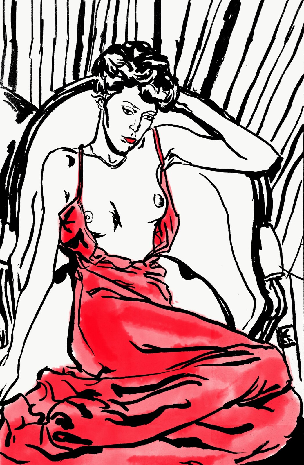 Portrait/Figure Study of Sylvia Kristel - Inks w/ Spot Colour