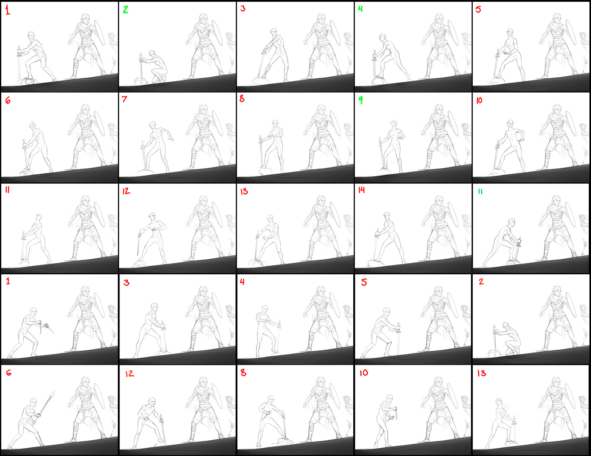 My art director wasn't sold on the initial pose I had sketched for the Altmer character, so I ended up generating several rounds of alternative pose options relatively late in the process in an effort to address his concerns. Most of these aren't good.