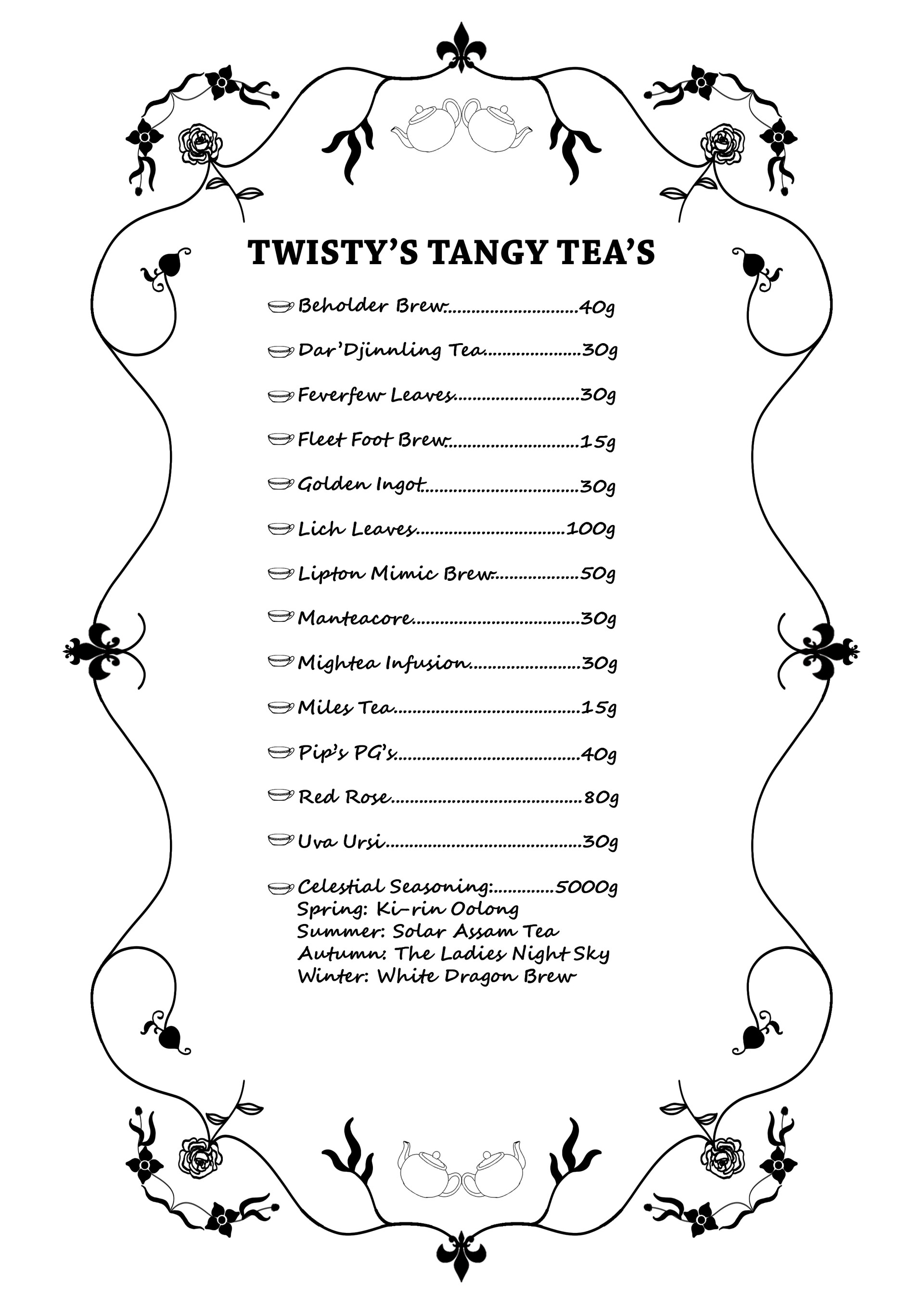 Andrew Ham D&D Tea shop menu design