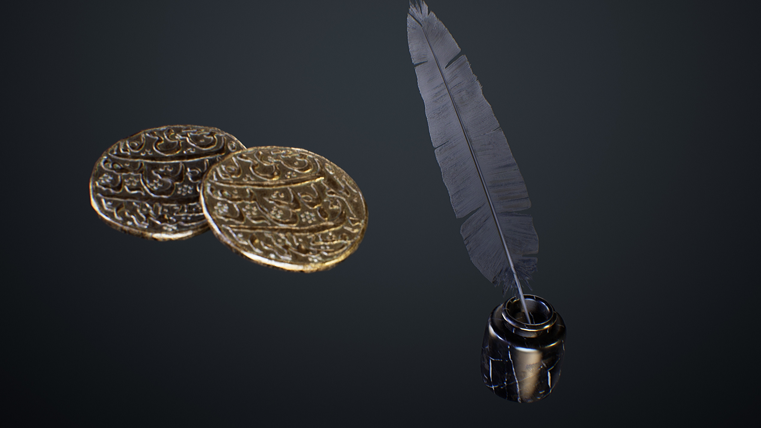 UE4 screenshot close up detailed shot of the feather and ink holder.