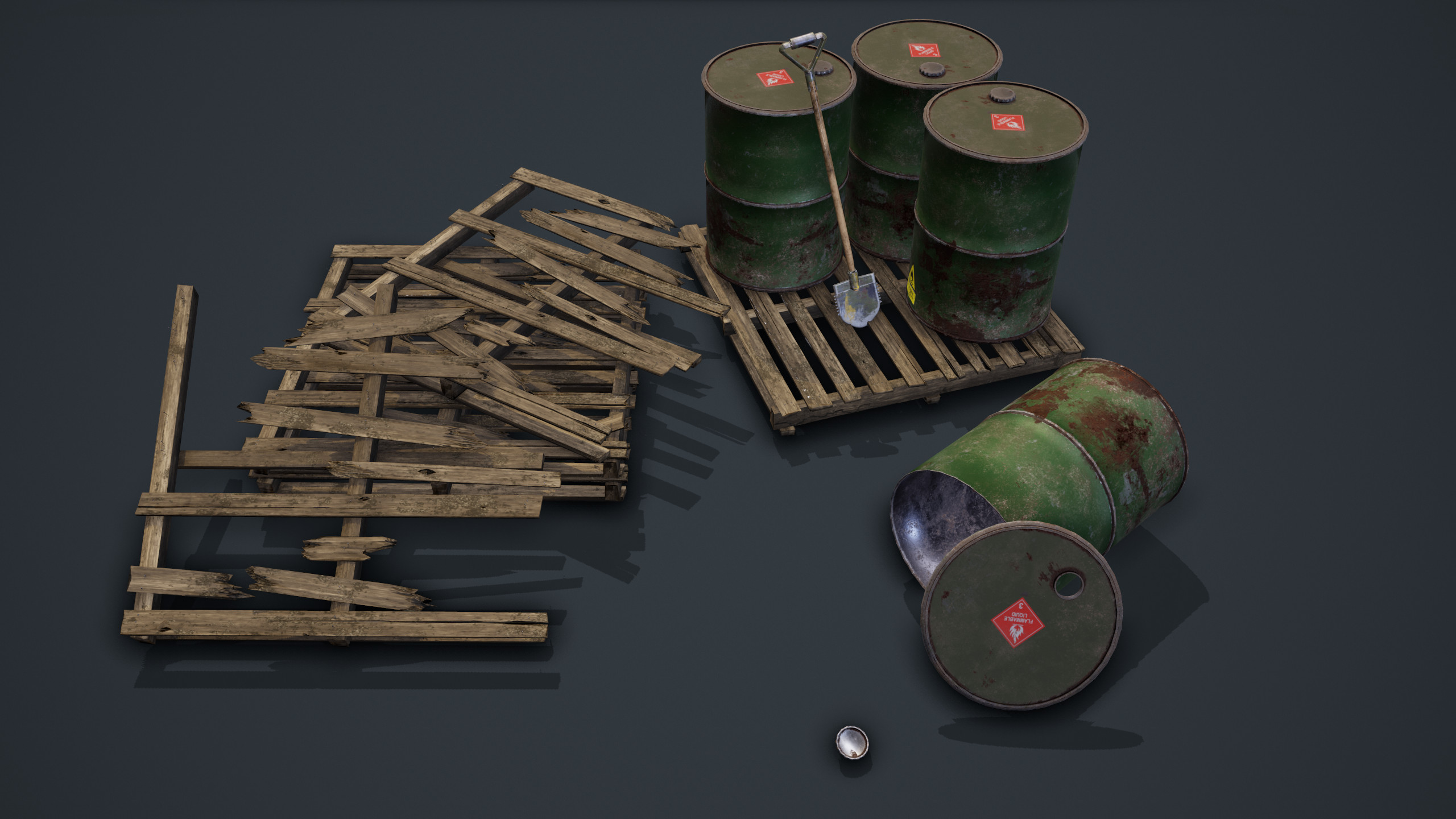 crop_free
Toolbag rendered screenshot view of barrels, a shovel and a broken wood pallets.