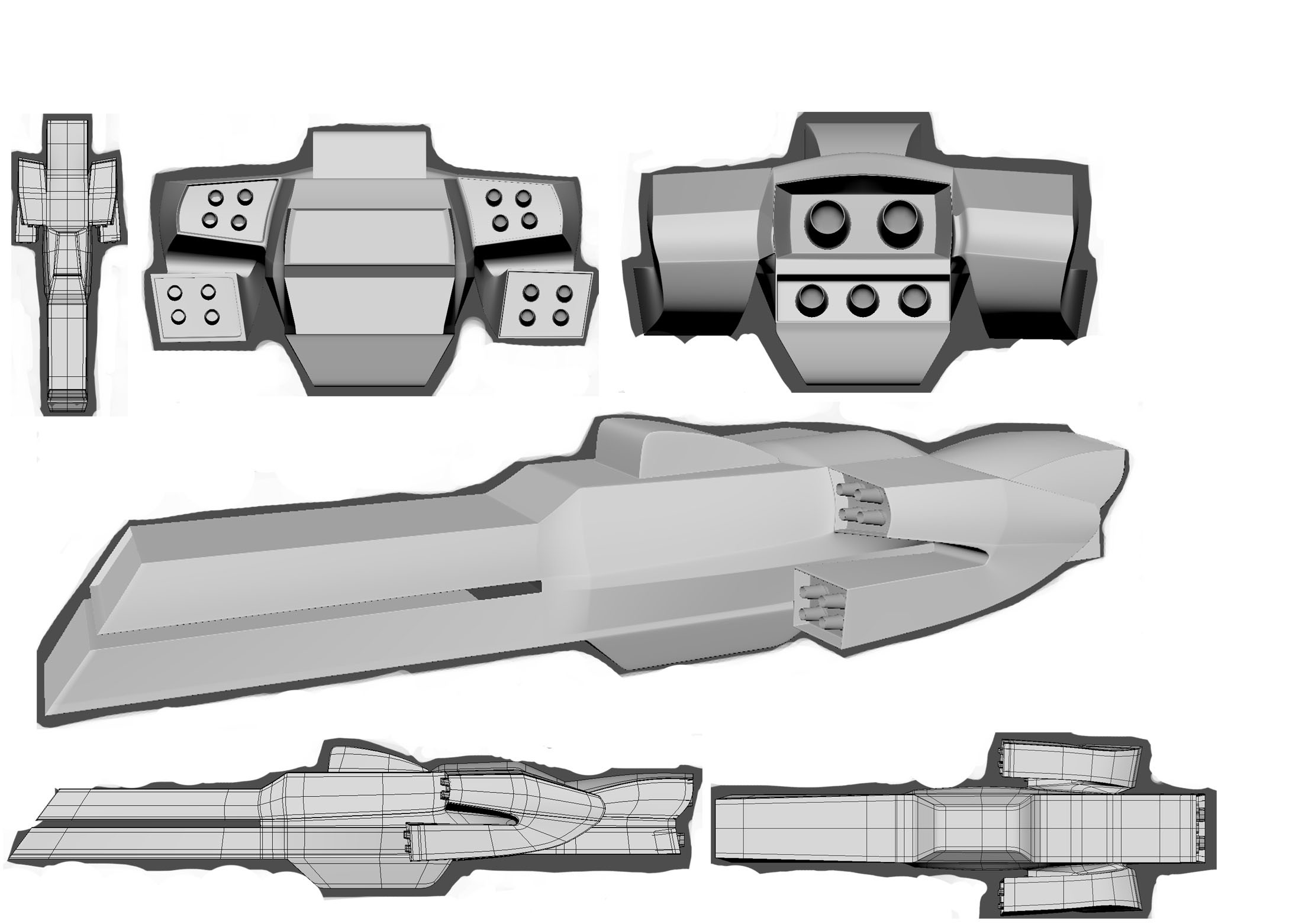 Early 3D model concept of spaceship, from multiple angles.