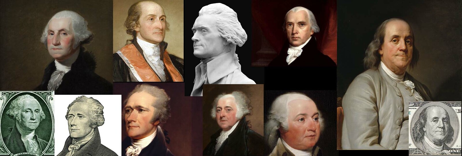 Some reference used for the various portraits. The only one I feel just isn't there yet is John Adams (the two images on the lower row, to the left of Benjamin Franklin), but there was very little to work from with him... Otherwise; pretty content!