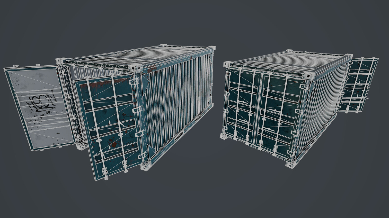 Wireframe shot of the rusty container, rendered in Marmoset Toolbag.