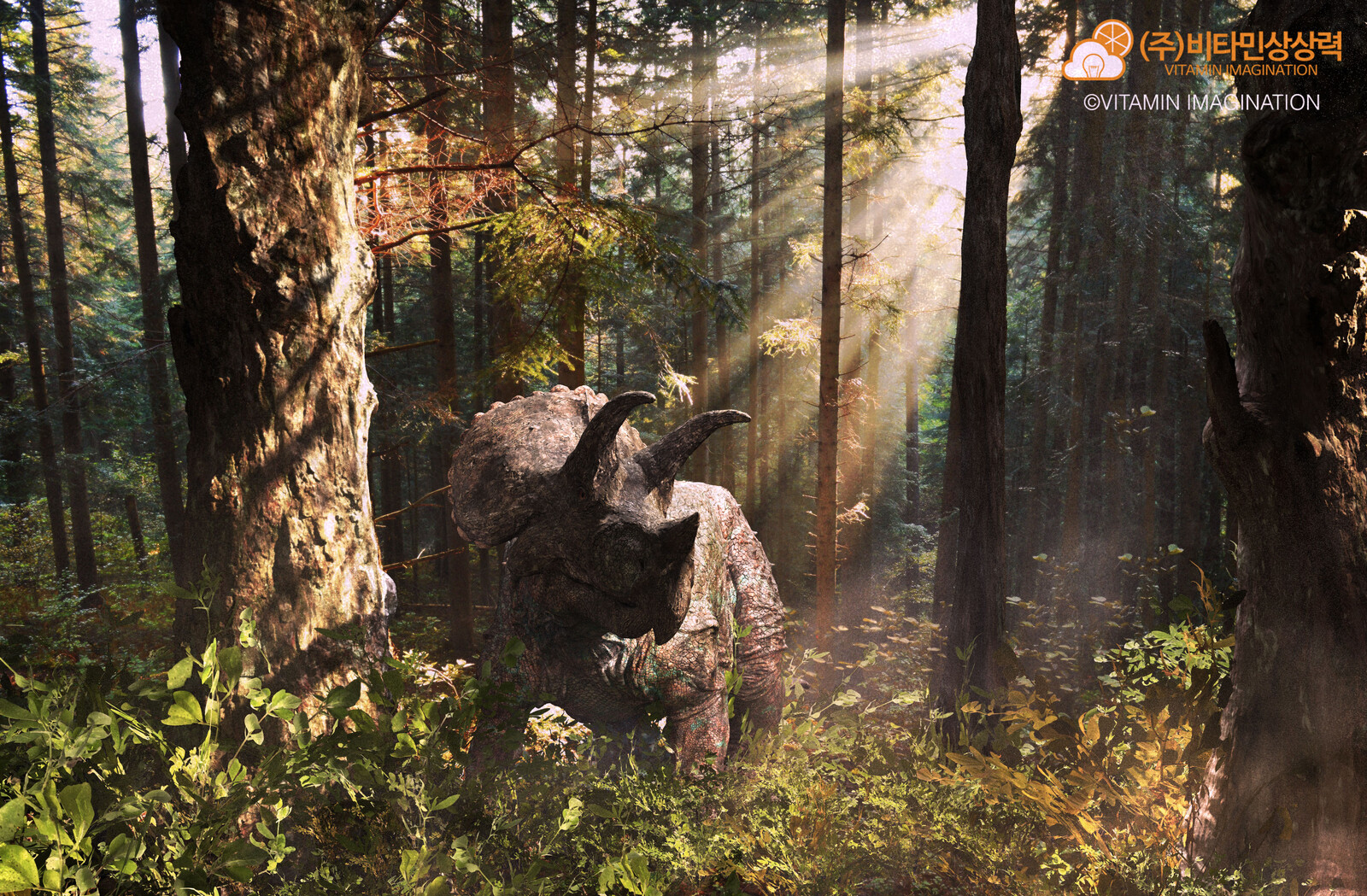 Triceratops in the jungle with sunset