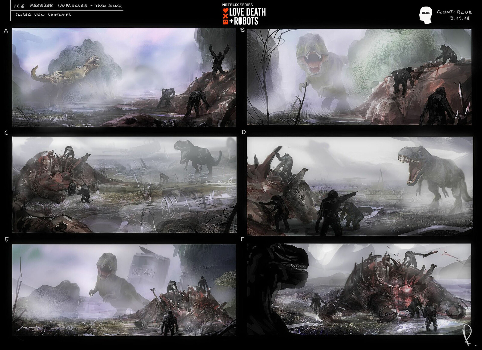 Trex grabs his Dinner in the Vegetables - concept art sketches 