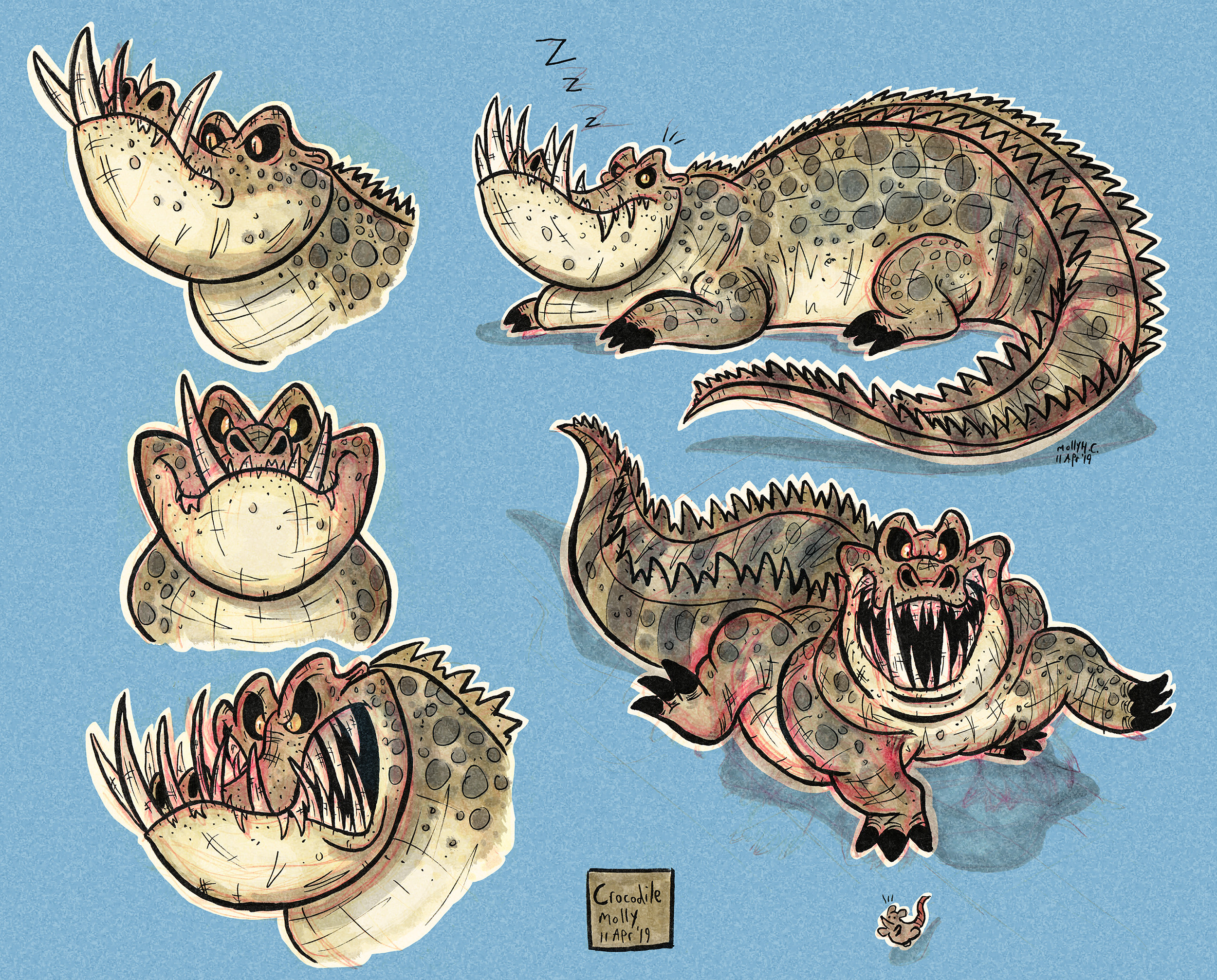 "Crocodile Character Concepts"

Pencil, marker and brushpen with digital colour. Drawn from life at Artis Royal Zoo, Amsterdam.

© 2019