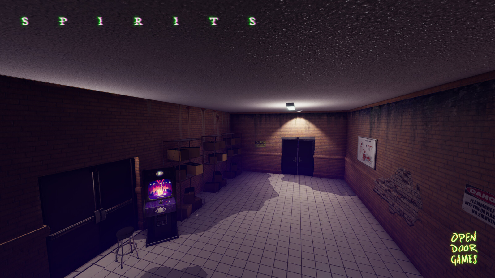 The opening area of Spirits. This room needs to guide the player froward. It also hold the main menu on an arcade machine.
