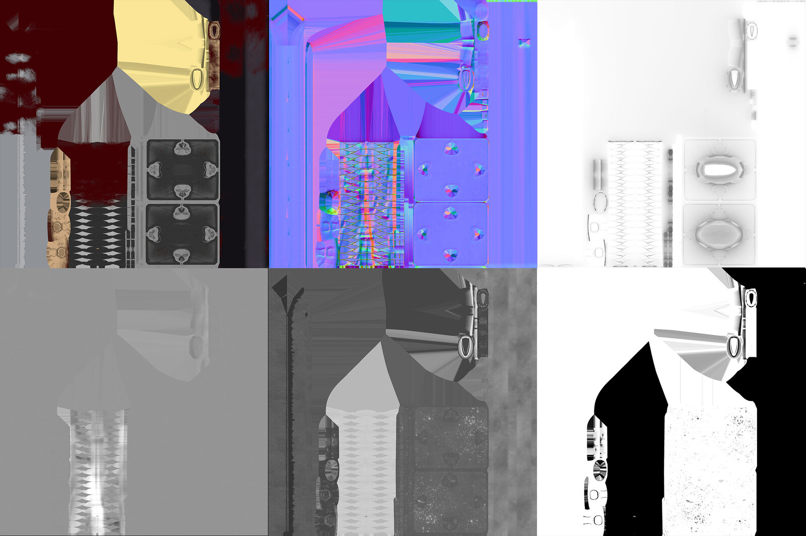 Texture maps (2D)

Left to Right: Albedo, Normal Map, AO, Height, Roughness, Metallic