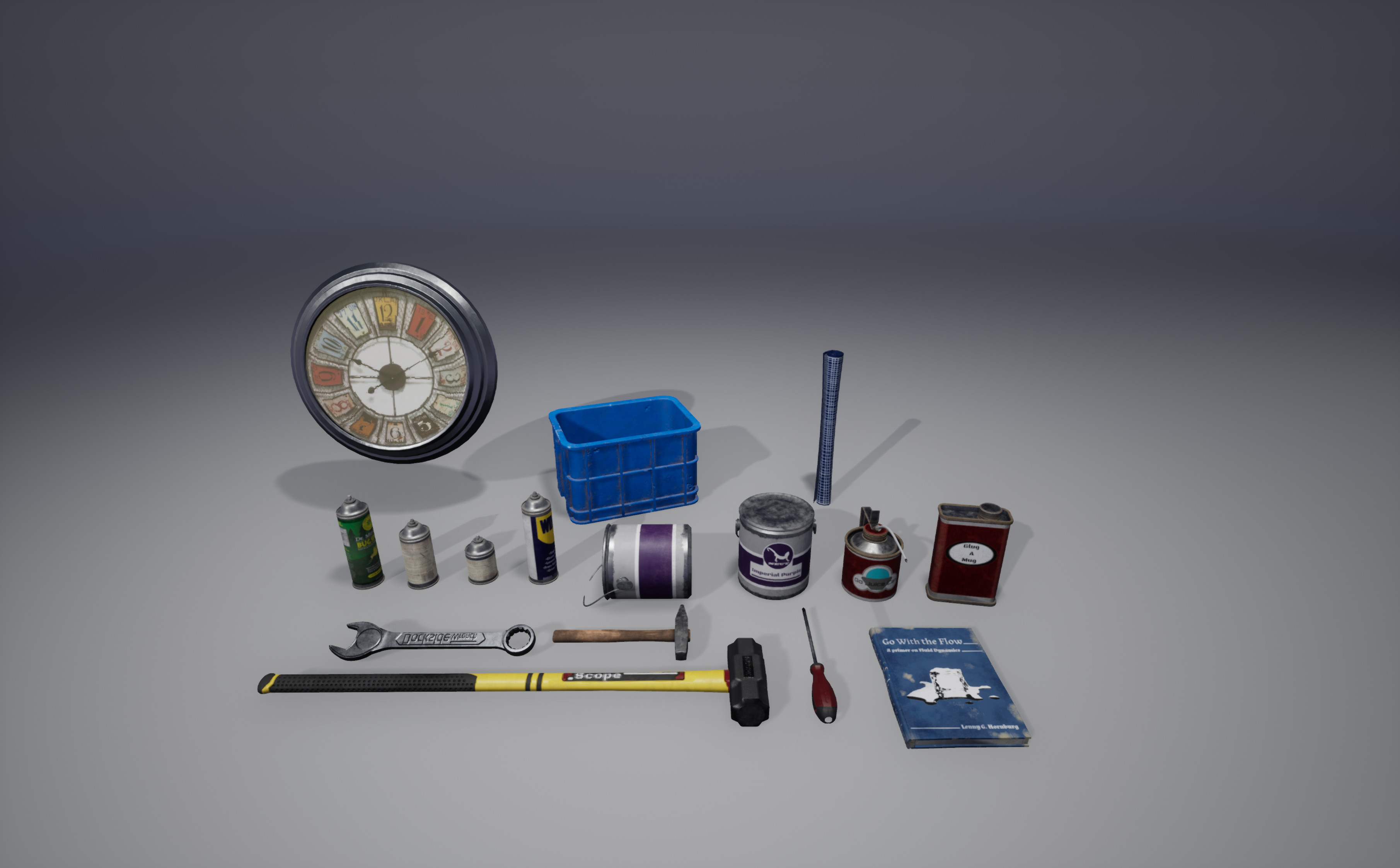 The smaller assets and props of the scene. Cans, buckets and paint all used the same base mesh, with a variety of texture swaps.