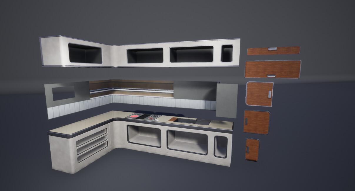 Breakdown of how the kitchen area was constructed.  By breaking it down into 3 separate pieces, I was able to make quick changes to one section of the entire room, without having to redo elements all over the  section.