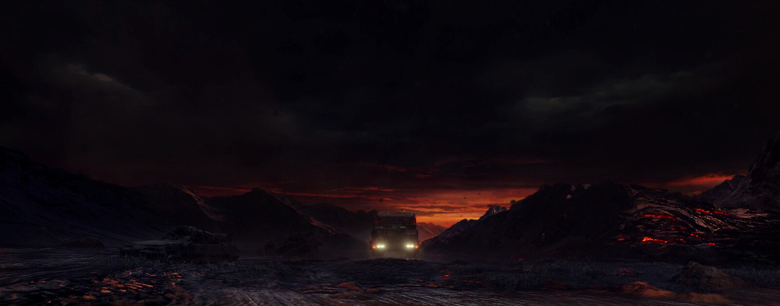DMP: Entire FG, MG and parts of BG, like the mountains and volcanoes. Sky. Clouds.