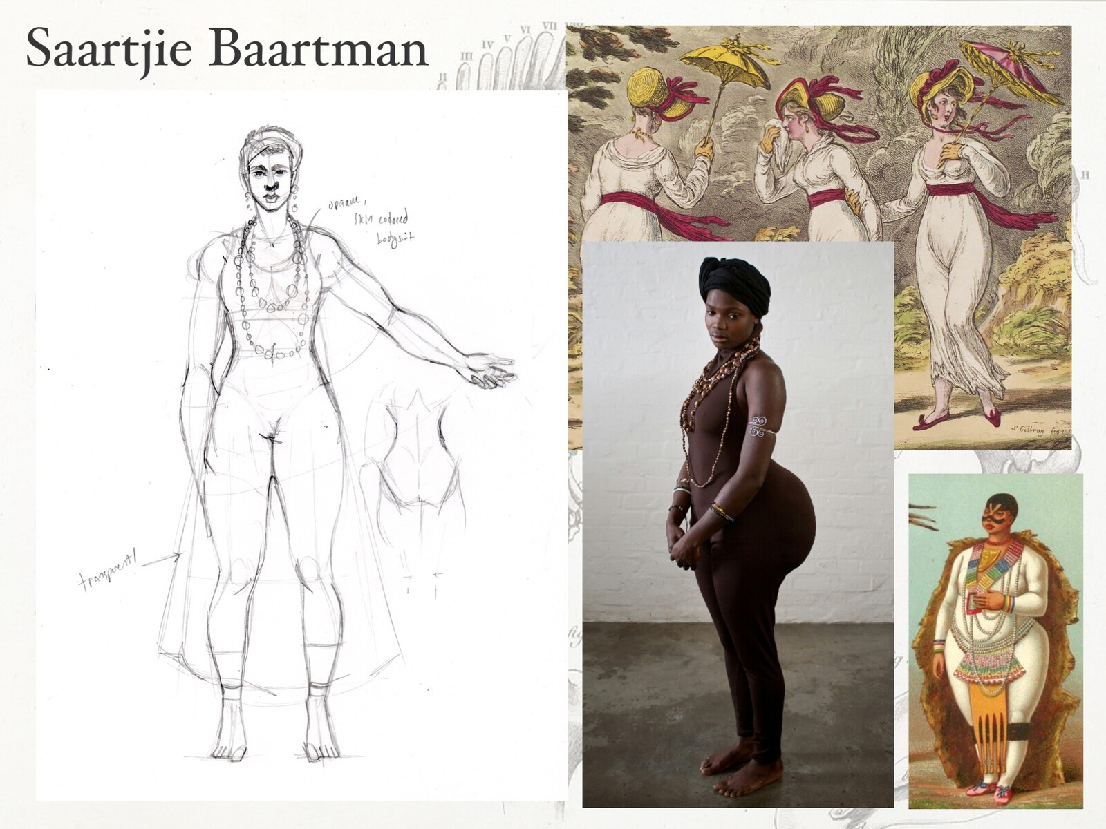 Saartjie Baartmann: reference. There are no known photos of Ms. Baartmann, so what Sara imagines of her is mixed from historical illustrations and how she sees herself Thus, the ghostlike quality. 