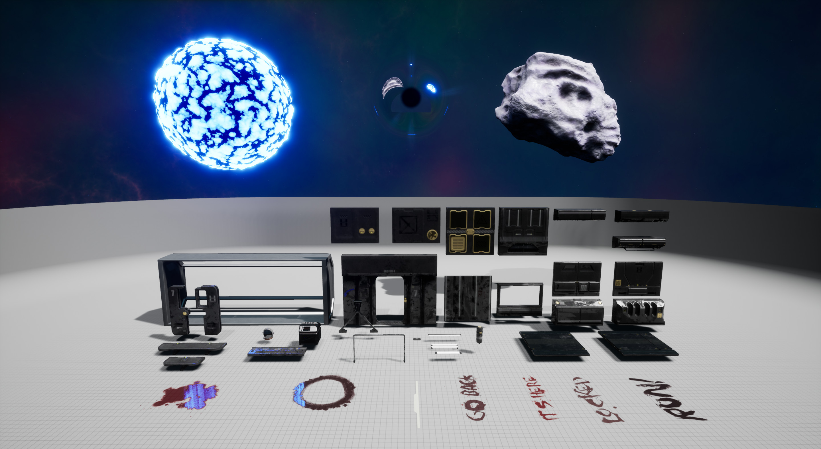 Assets Overview (33 static meshes, 13 Materials, 10 custom decals, 5 new shaders, custom space skybox)