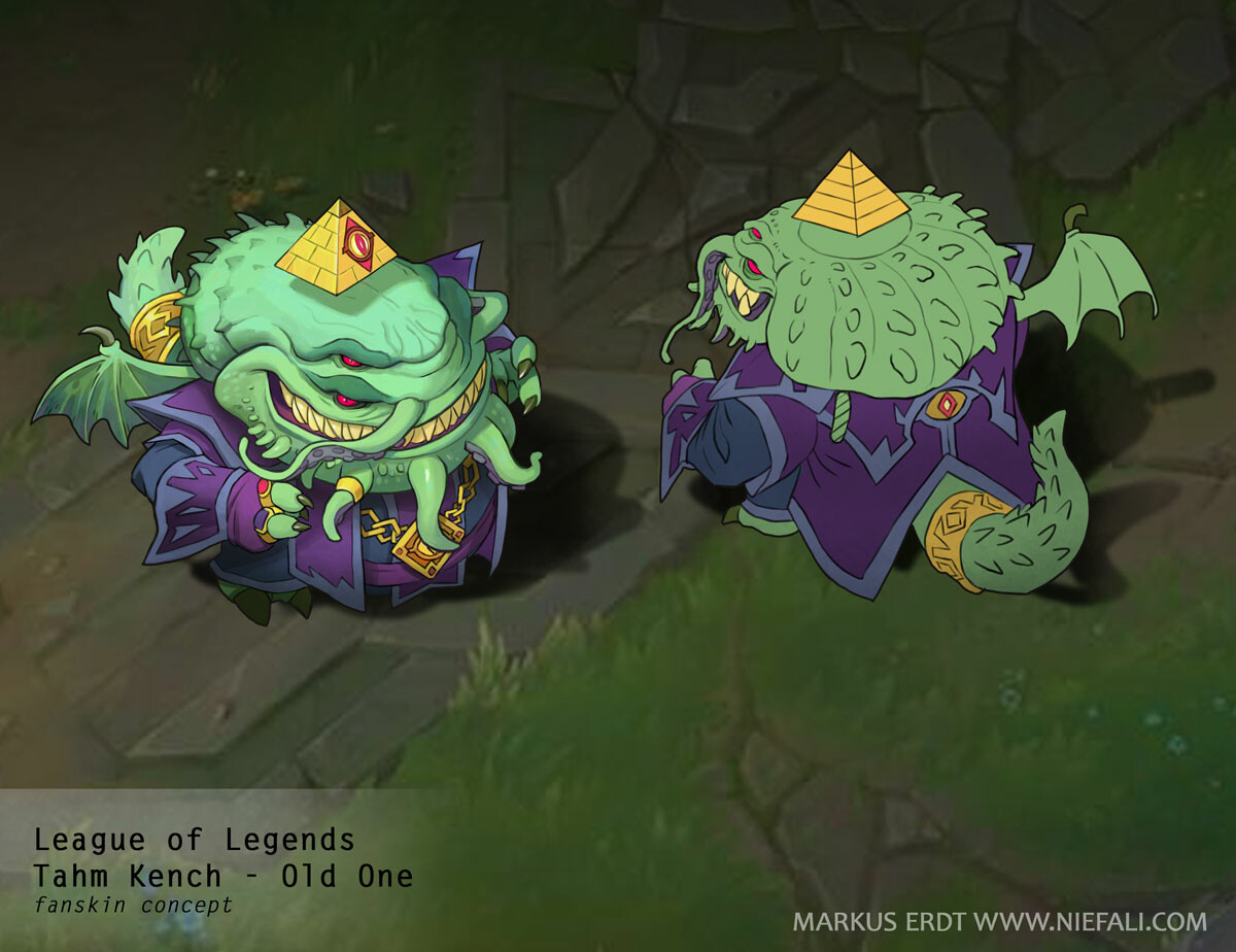 A series of fan skin concepts for League of Legends champion Tahm Kench. 