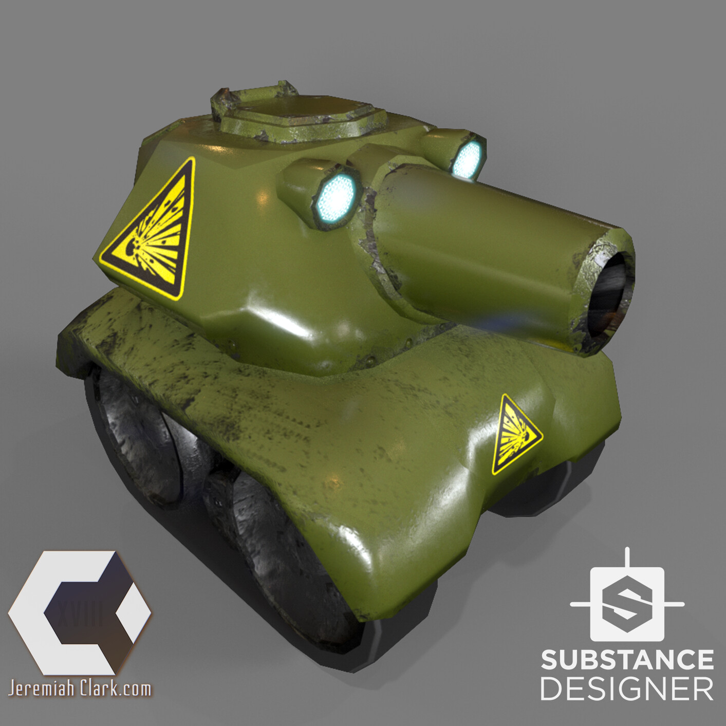I picked a tank that was as far from the first as possible to test the texture. The same substance works with minimal adjustment.

Mesh optimized and UVed in Modo.
Textured using Substance Designer.
Rendered using IRay in Substance Desi